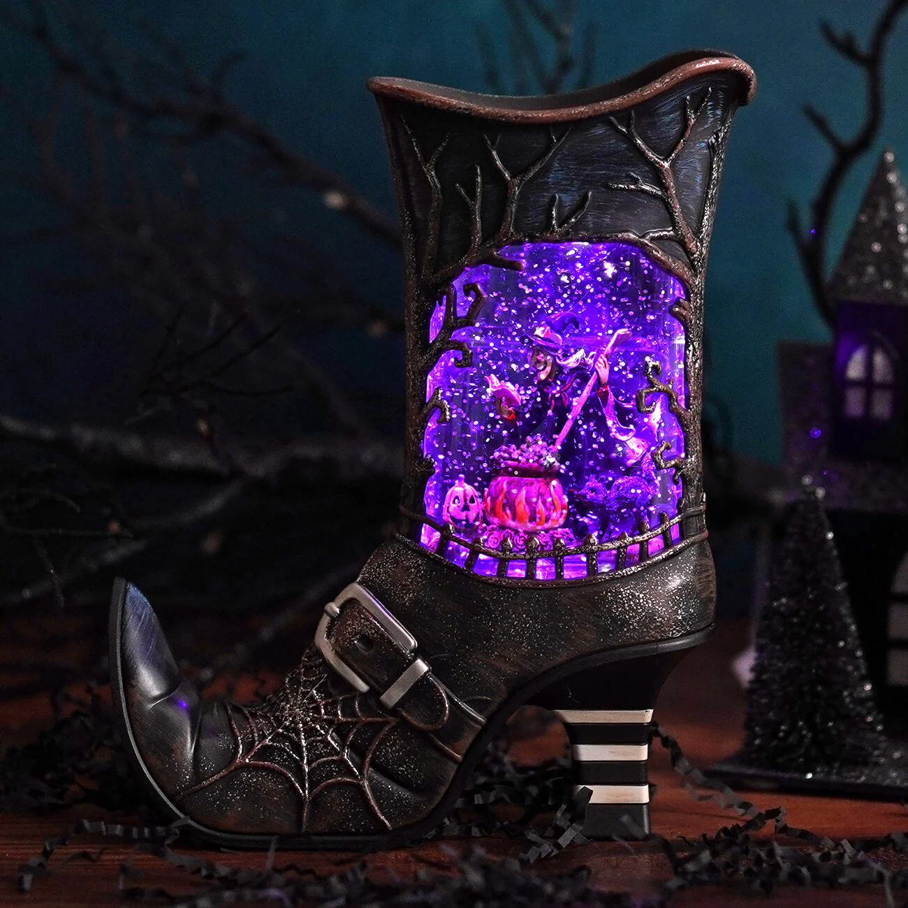 10" LED Lighted Spinning Water Globe Boot Featuring Witch Stirring Bubbling Cauldron - Image 4