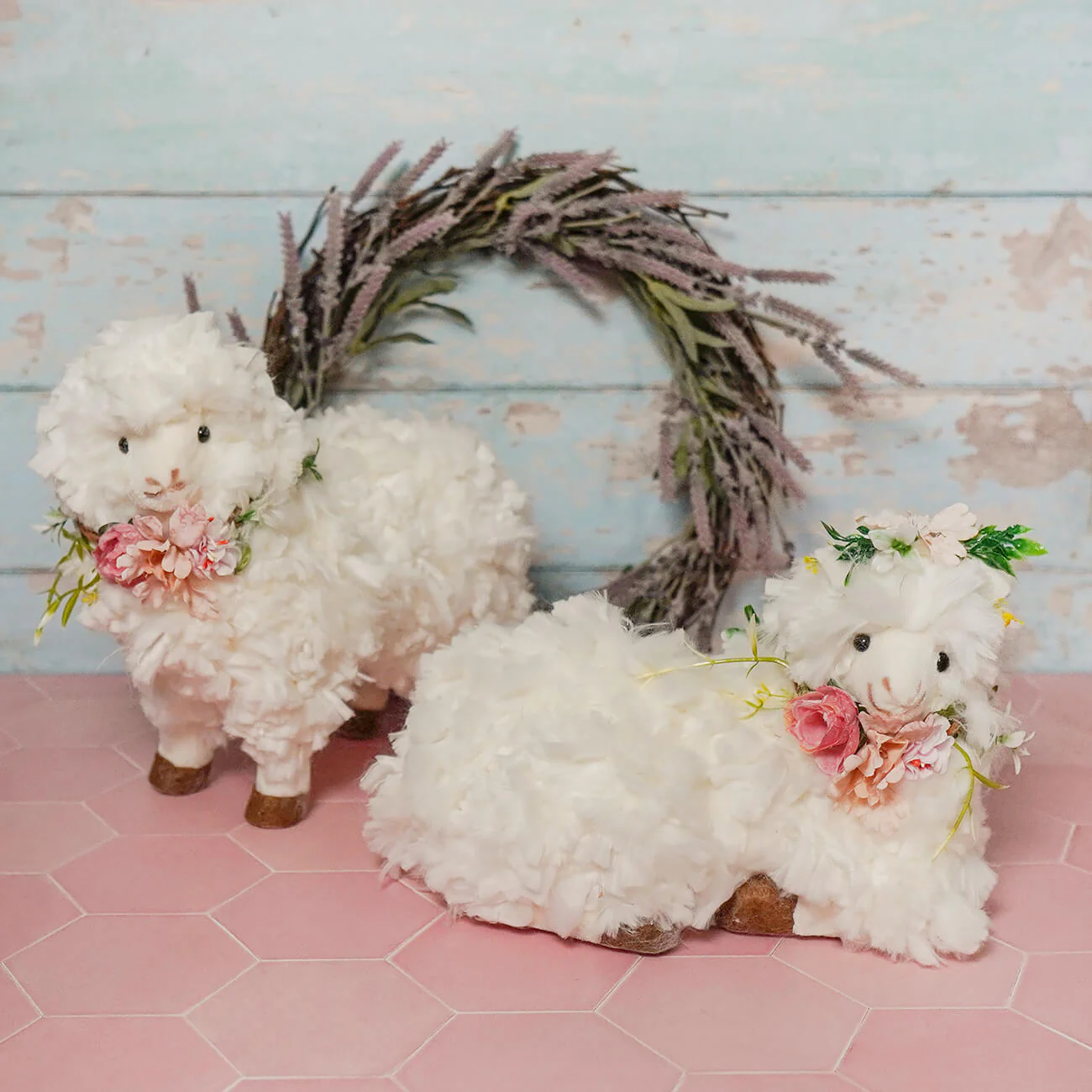 11" Fluffy White Lying Sheep With Flower Wreath - Image 2