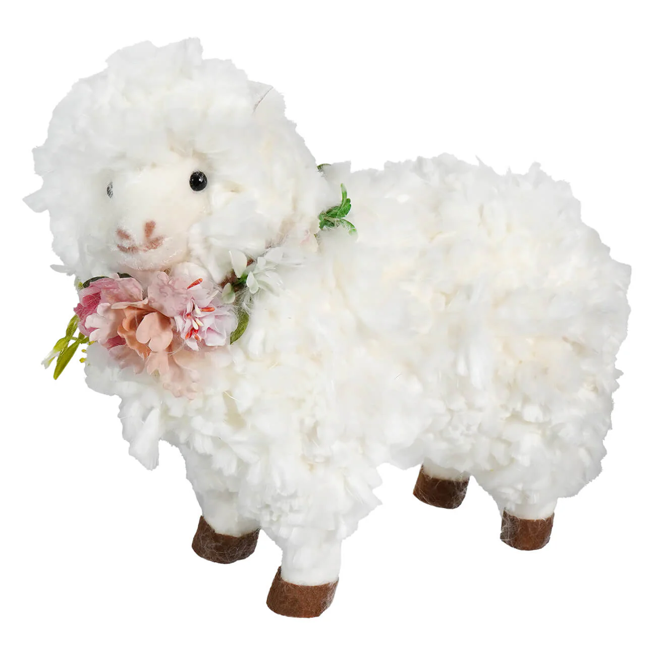 12" Fluffy White Standing Sheep With Flower Wreath