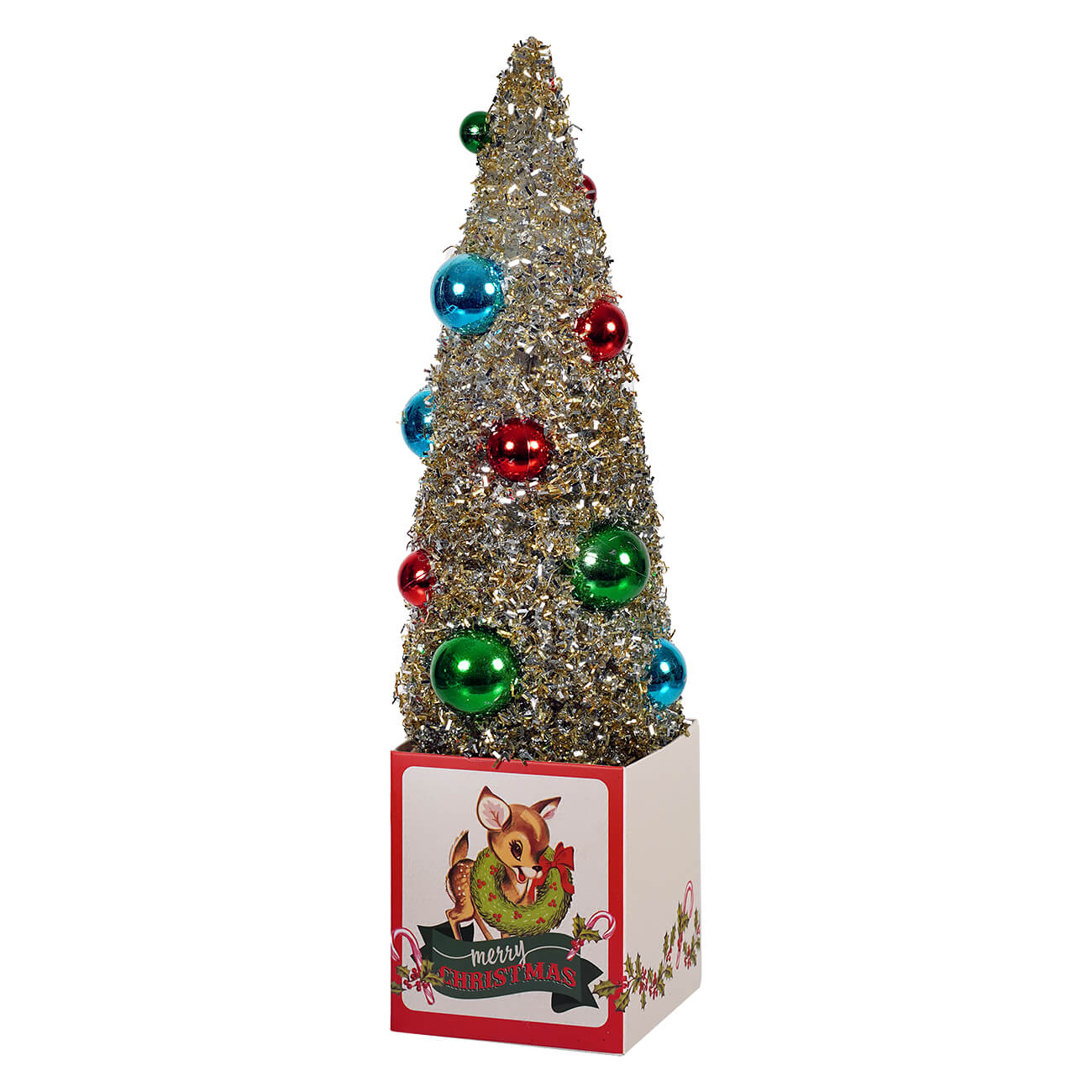 12" Retro Reindeer Gift Box With Ornamented Tree - Image 2