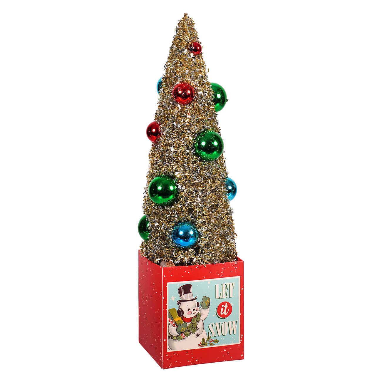 12" Retro Snowman Gift Box With Ornamented Tree - Image 2