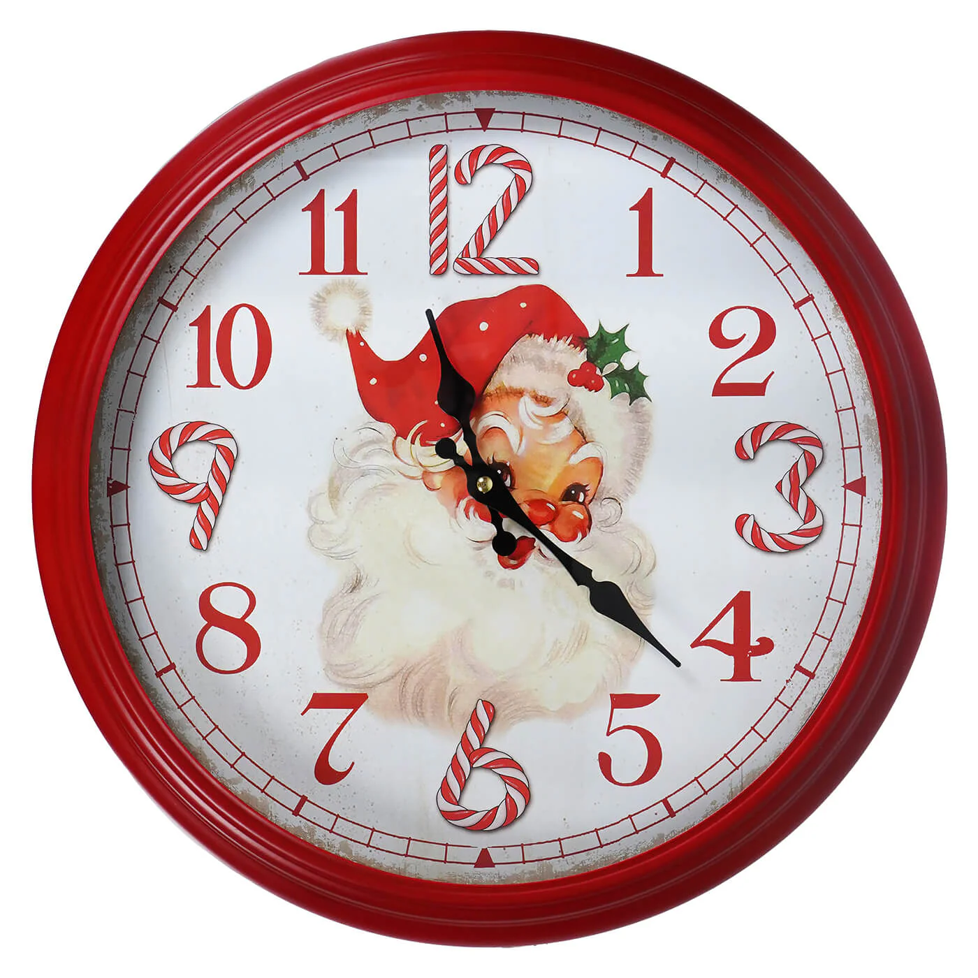 16.5" Jolly Santa & Candy Cane Metal & Glass Wall Clock