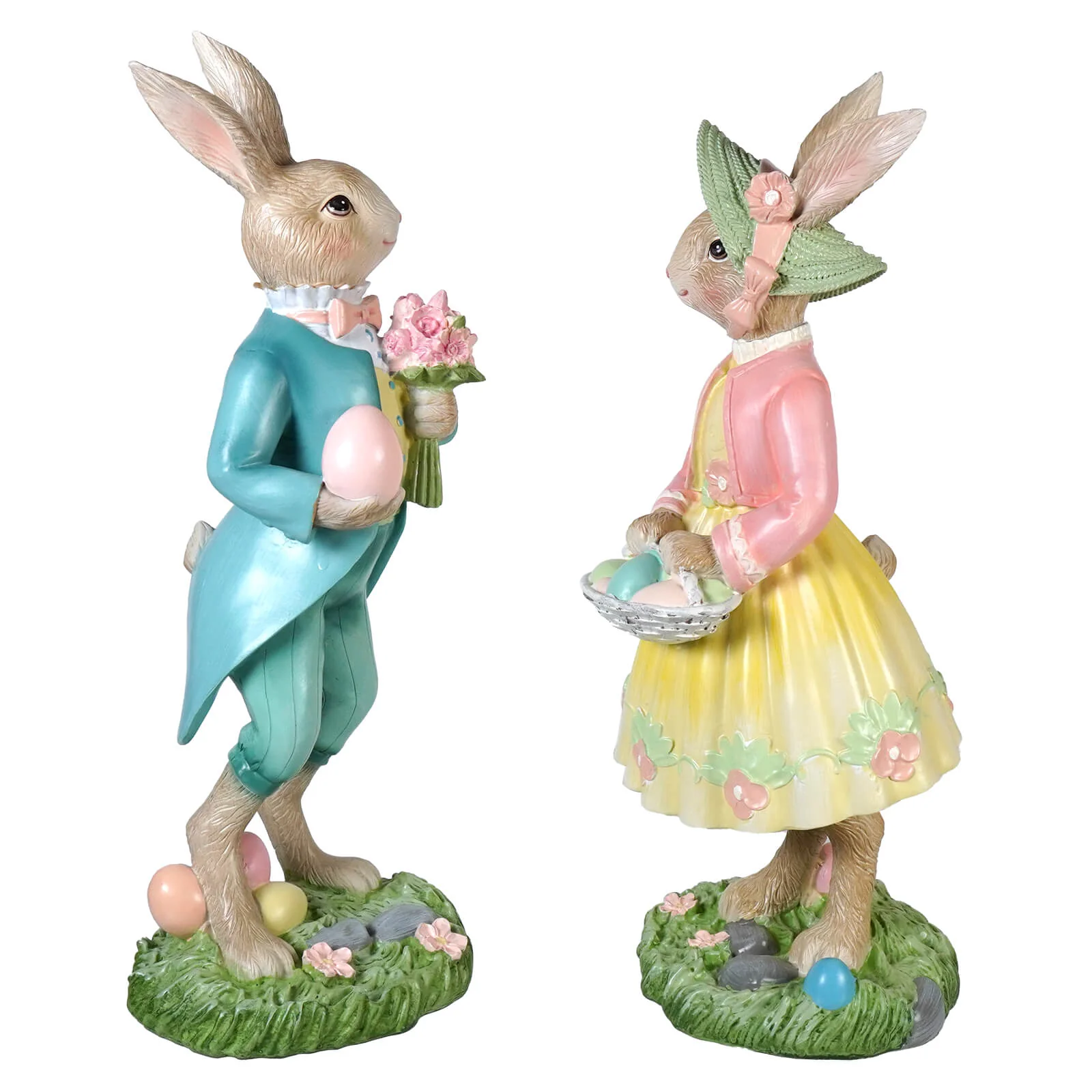 16" Large Dapper Dressed Easter Bunny Couple Carrying Colored Eggs Set/2 - Image 2