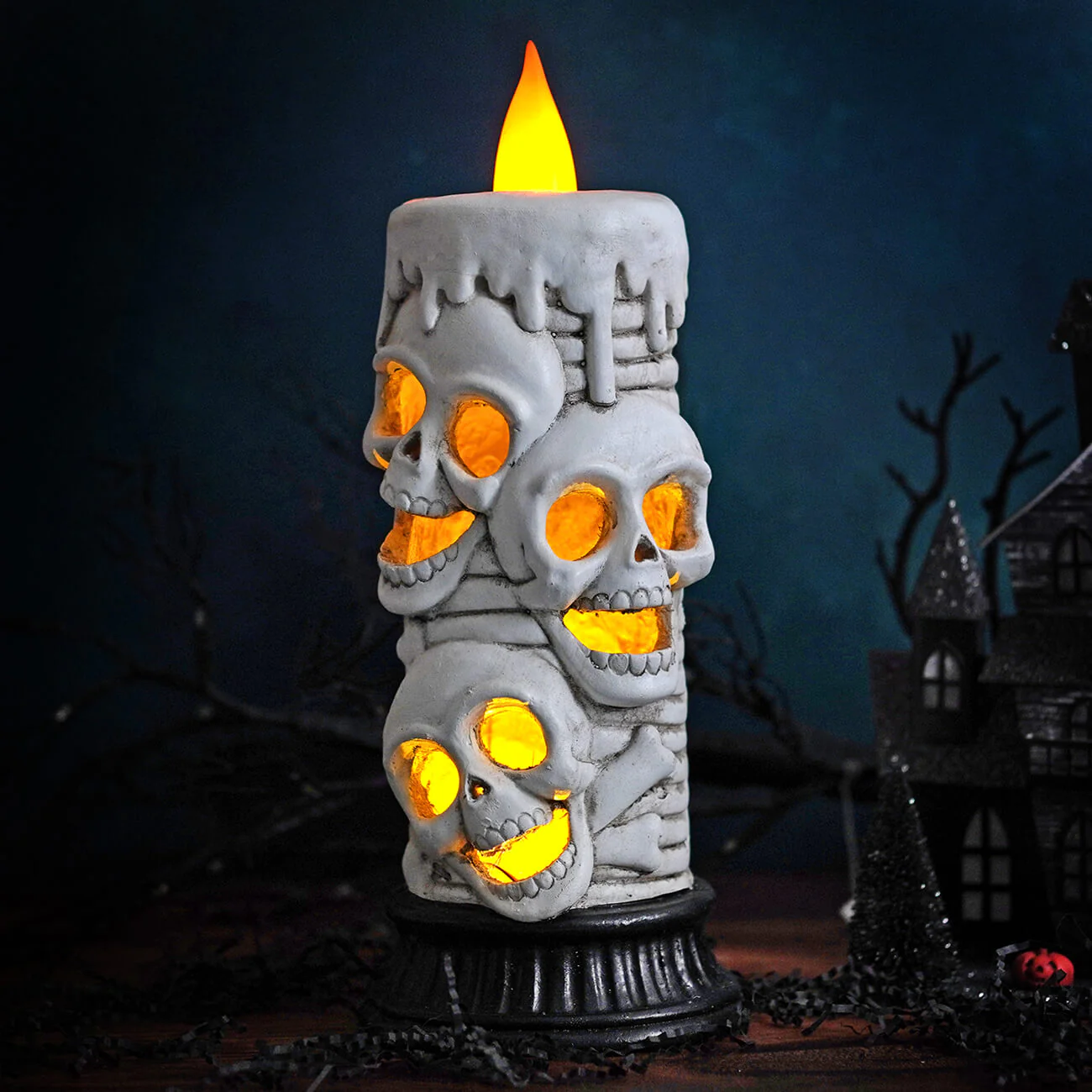 16" Large LED Halloween Skull Flickering Candle - Image 3