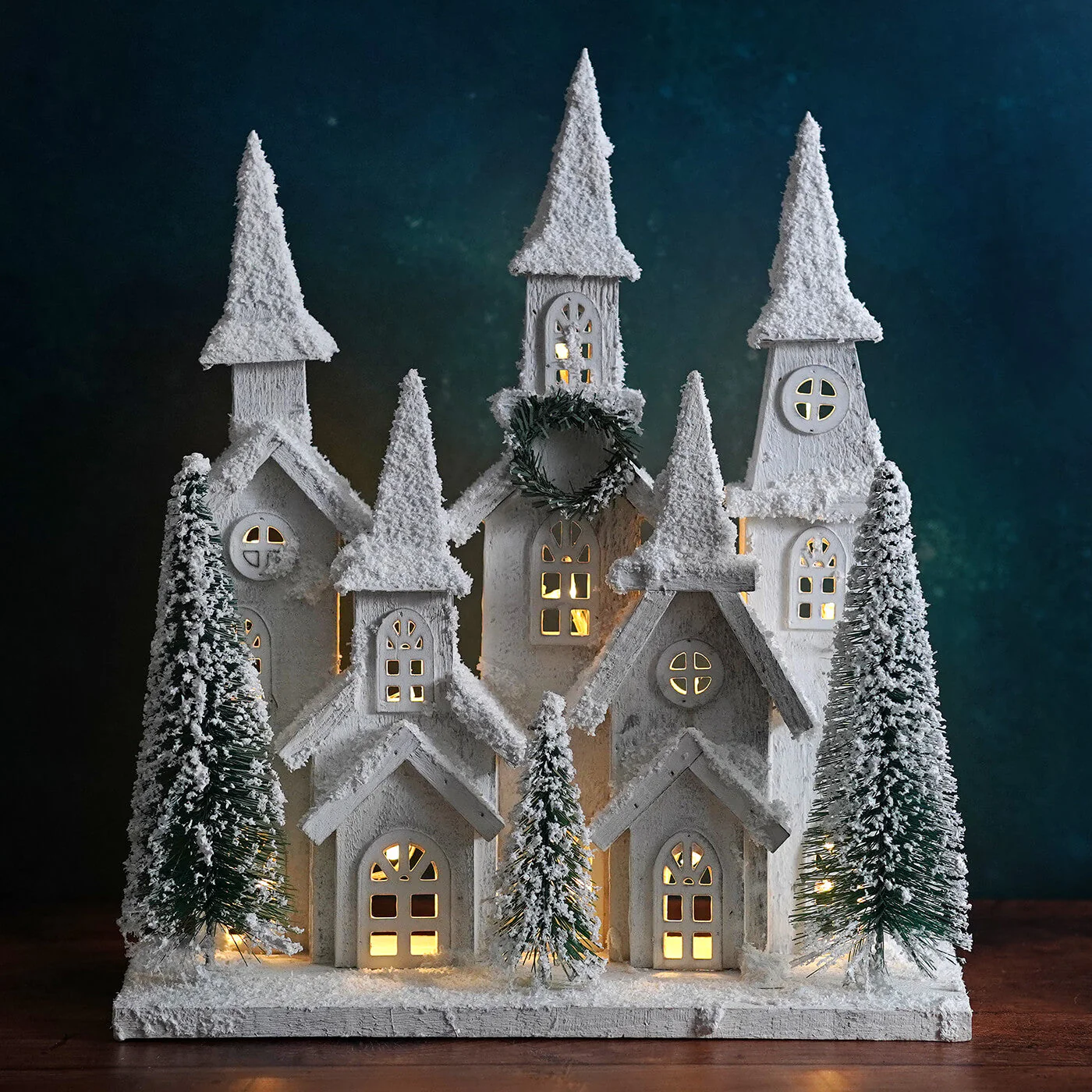 16" LED Lighted Winter Holiday Frosted Wood House With Bottle Brush Trees - Image 2