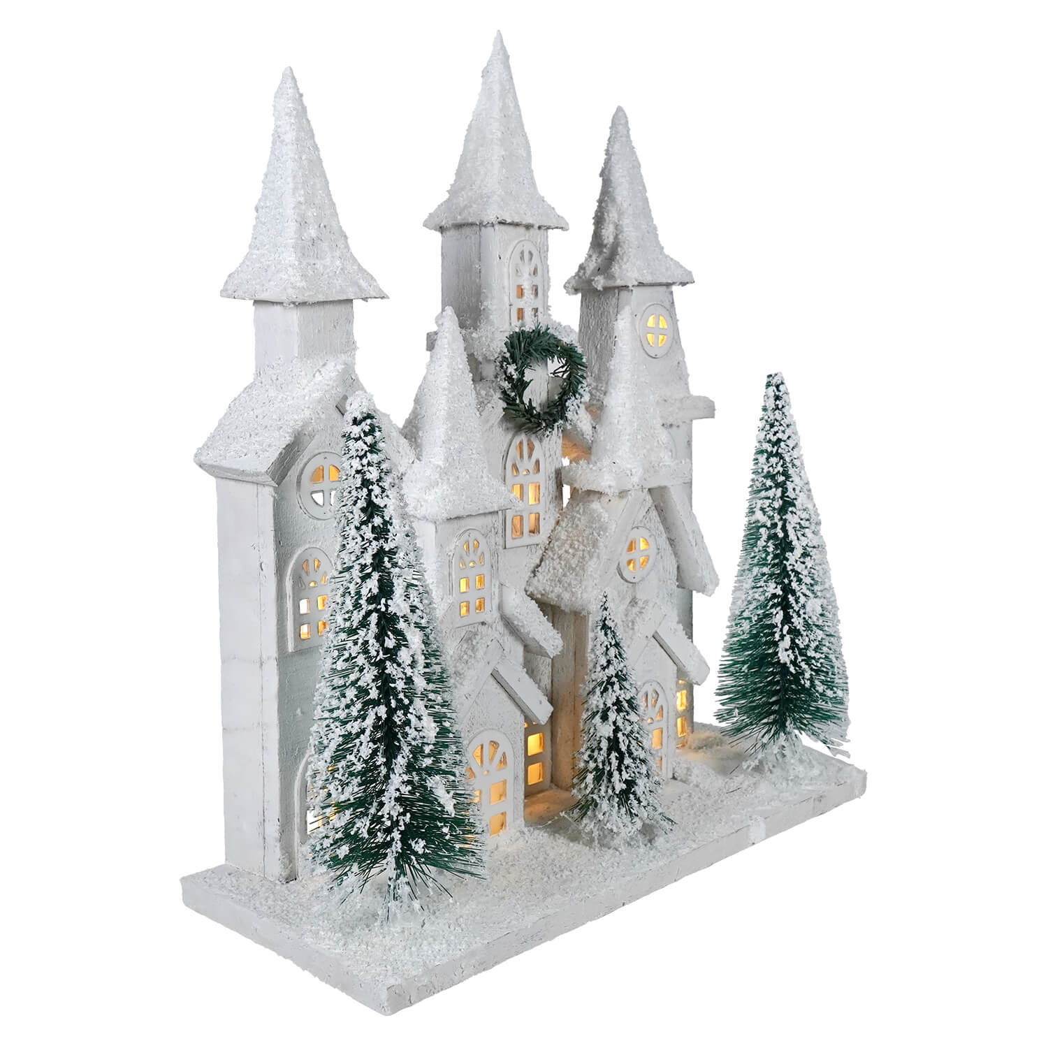 16" LED Lighted Winter Holiday Frosted Wood House With Bottle Brush Trees - Image 3