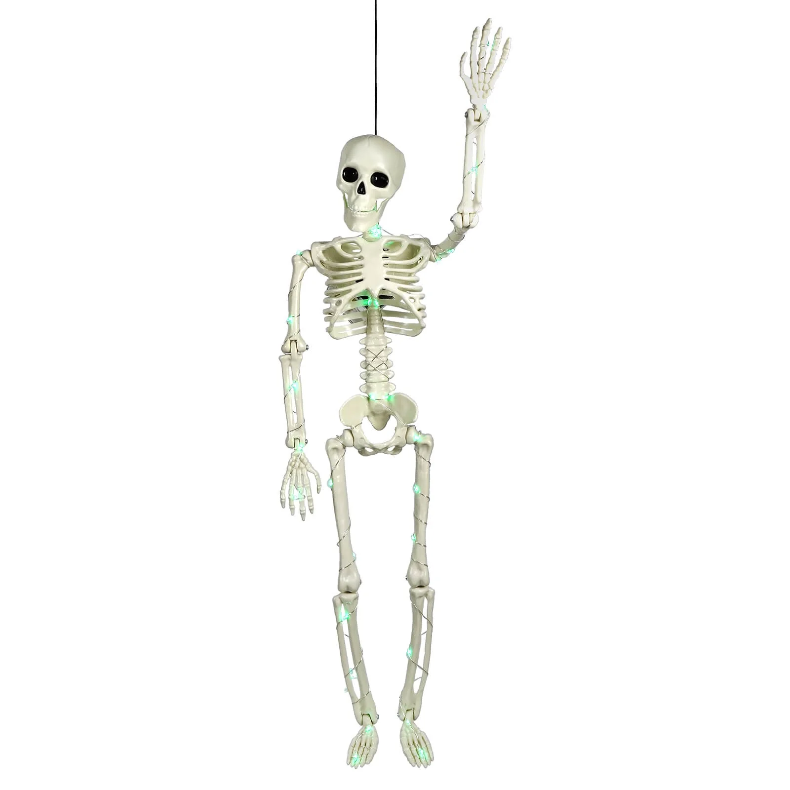 24" Green LED Lighted Halloween Hanging & Jointed Skeleton