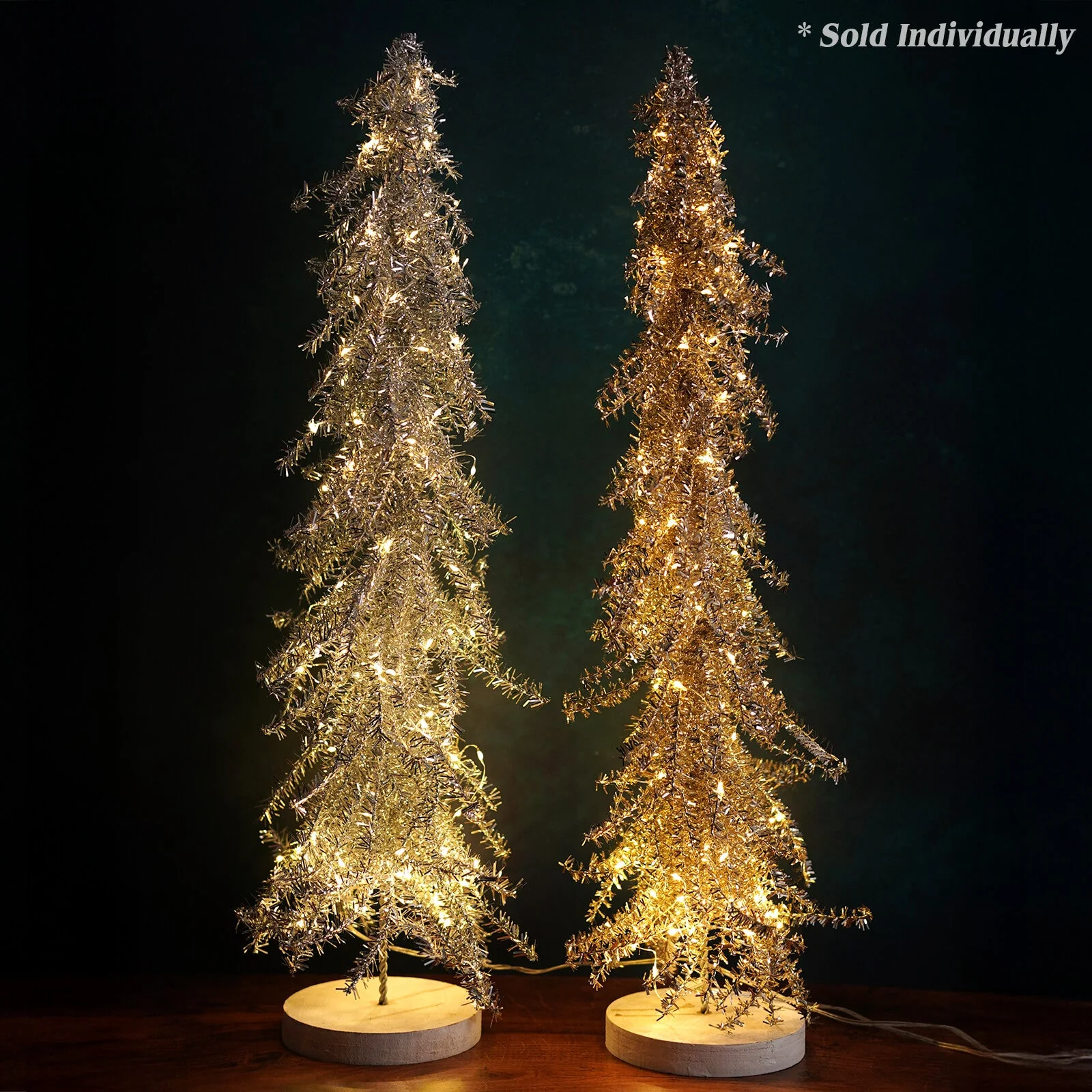 24" LED Lighted Silver Tinsel Metal Holiday Tree With Wood Base - Image 2