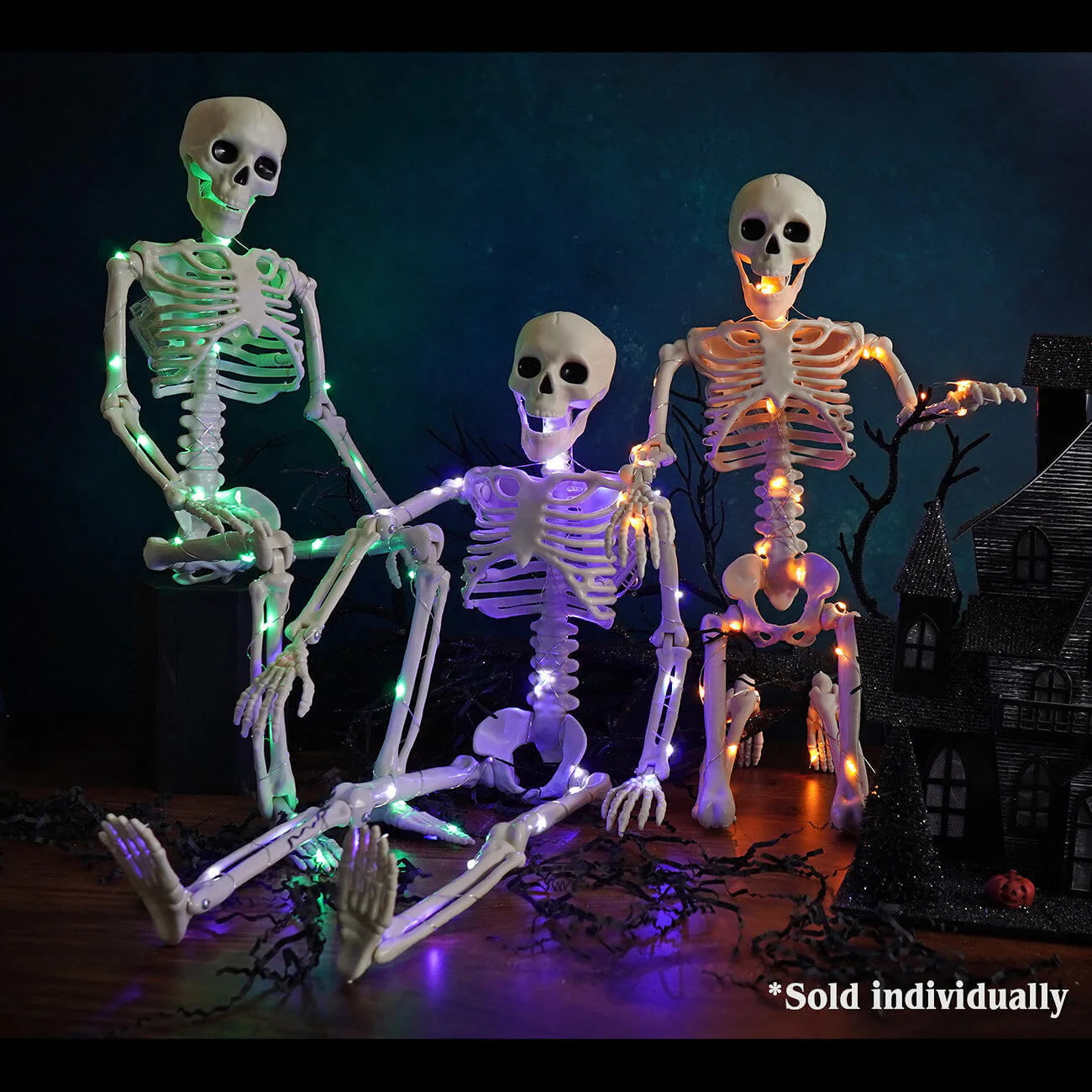 24" Purple LED Lighted Halloween Hanging & Jointed Skeleton - Image 2