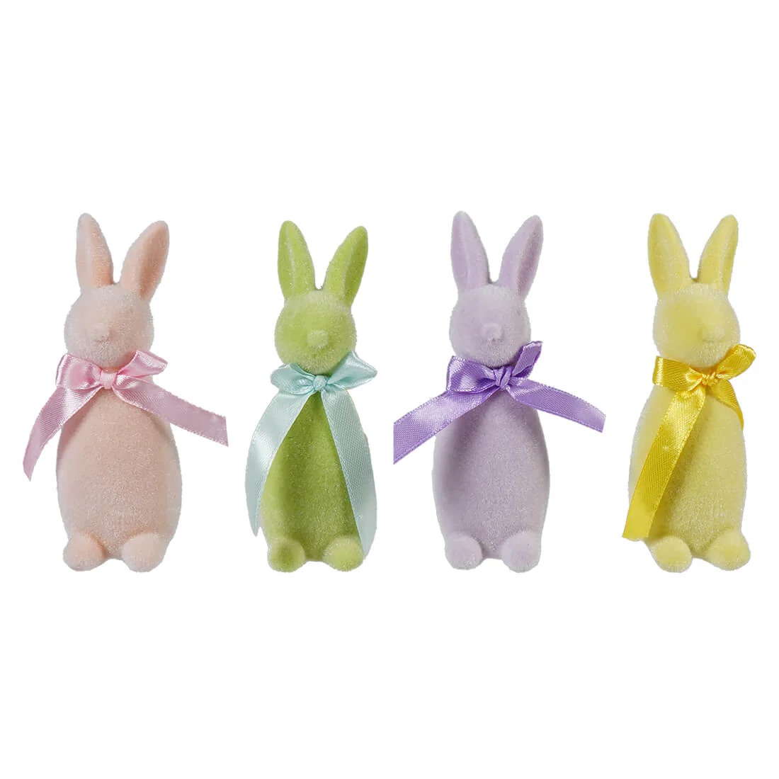 4.25" Pastel Green, Pink, Yellow & Violet Flocked Easter Bunnies Set/4