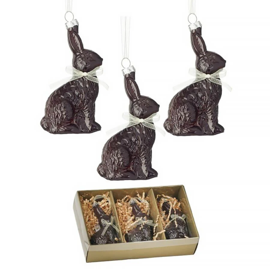 4" Glass Chocolate Bunny Ornaments Boxed Set/3