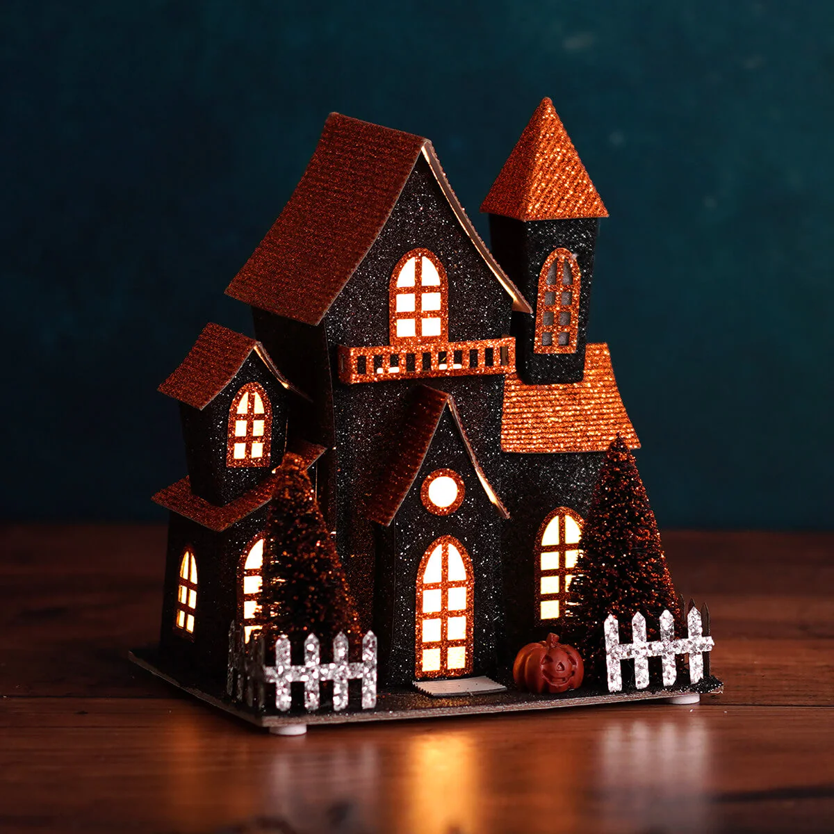7.5" LED Lighted Black & Orange Halloween Haunted House - Image 4