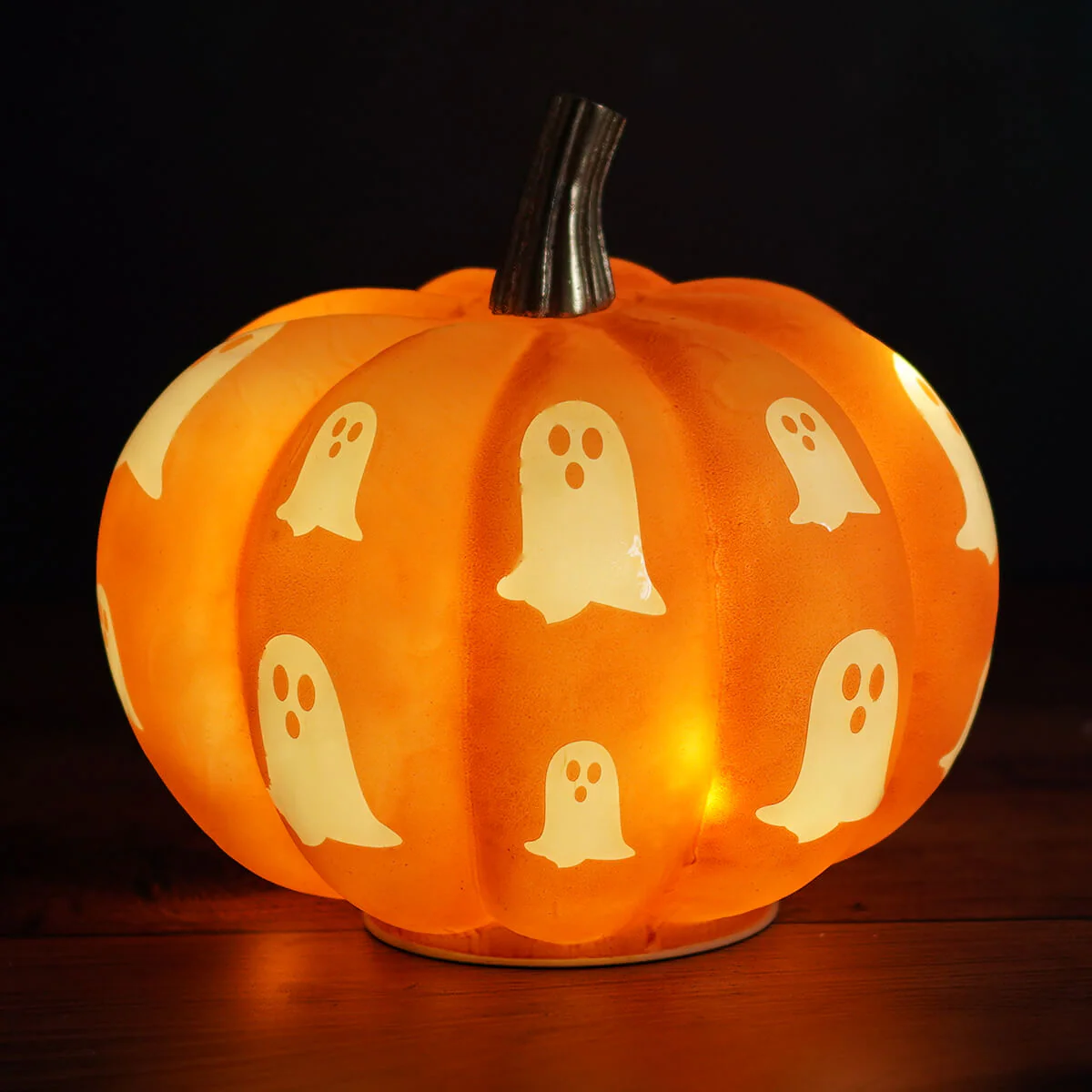 7" Lighted Glass Orange Pumpkin With Spooky Ghosts - Image 2