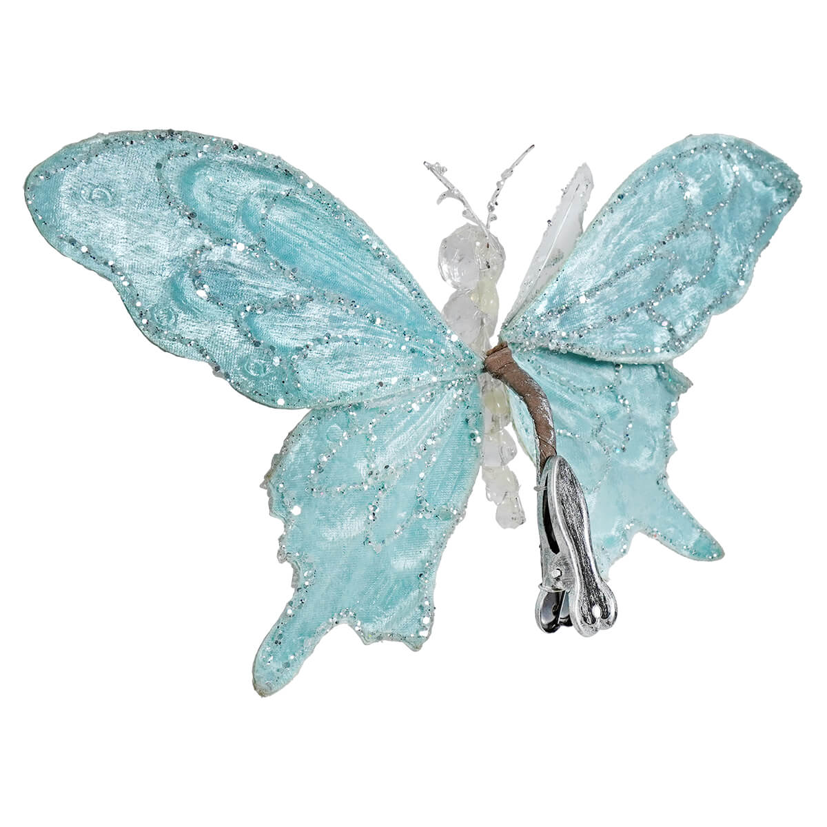 8" Jeweled & Glittered Turquoise Butterfly Clip-On Ornament - Image 2