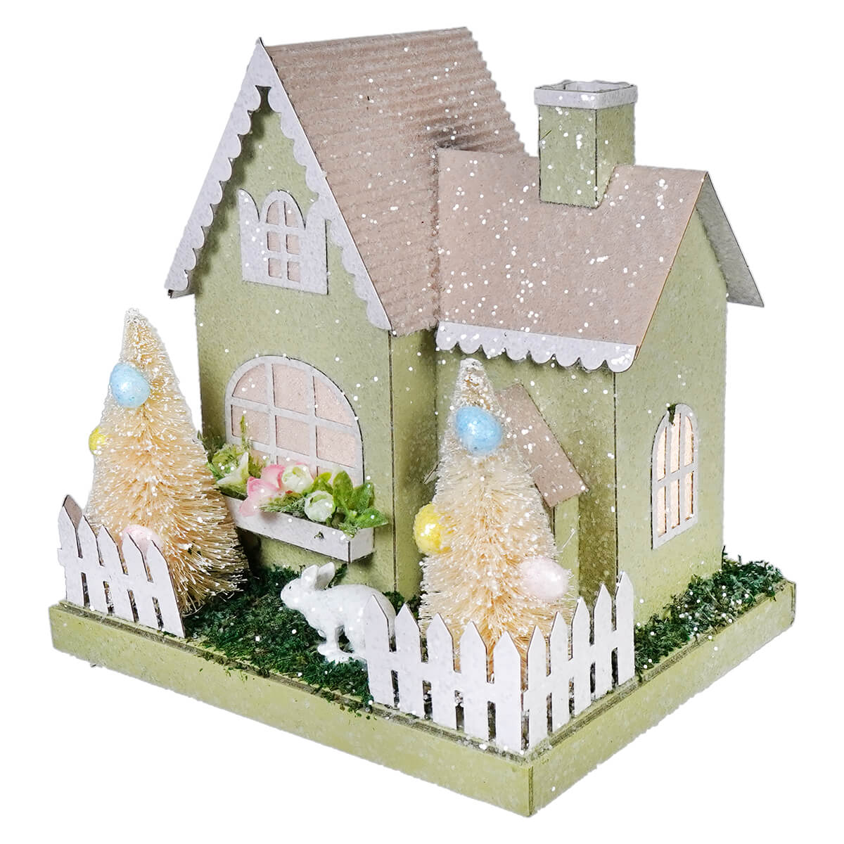 8" Lighted LED Pastel Green & Pink White Bunny Easter House - Image 2