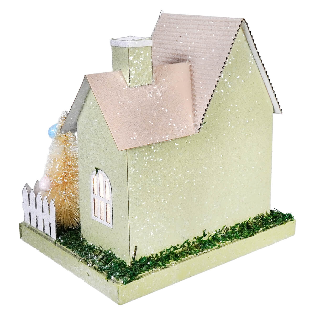 8" Lighted LED Pastel Green & Pink White Bunny Easter House - Image 3