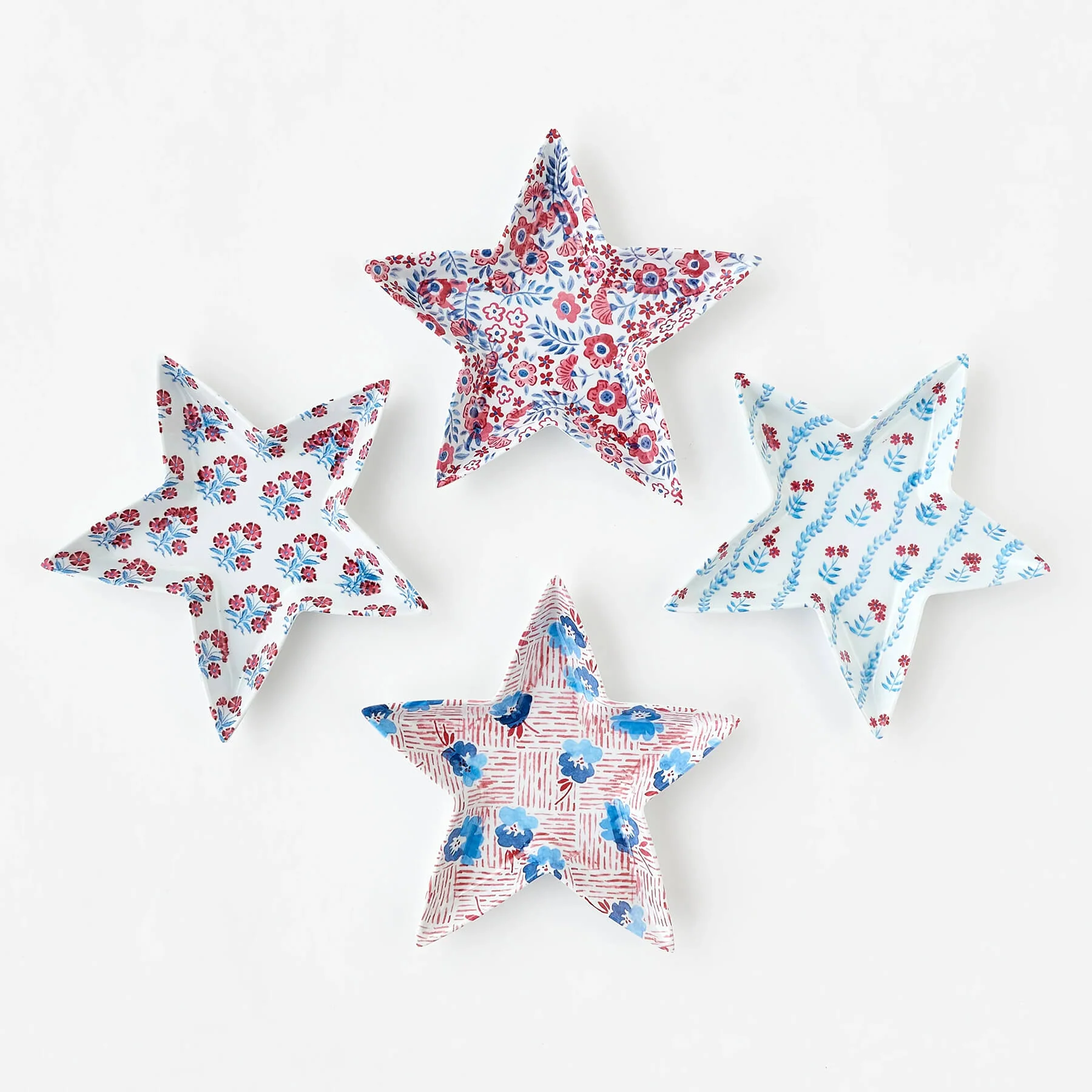 8" Red, White & Blue Floral Design Star Melamine Plates Set/4