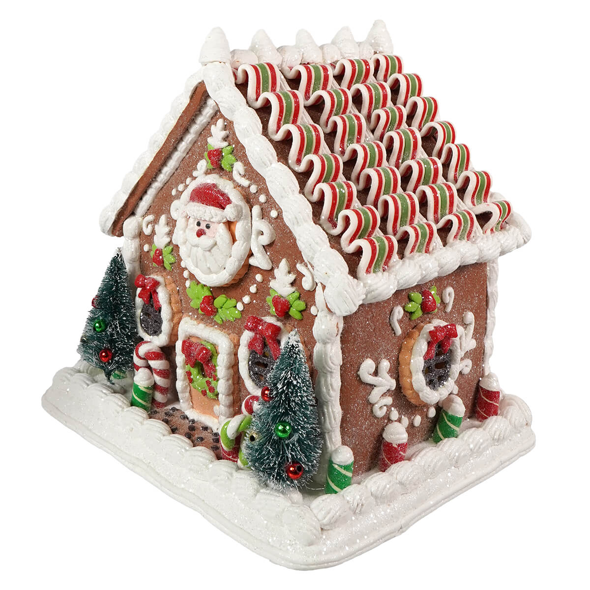 9.25“ LED Lighted Gingerbread House With Santa & Ribbon Candy Roof Table Piece - Image 2
