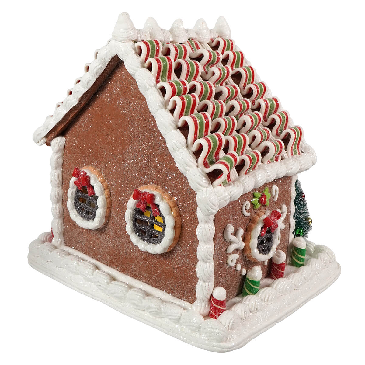 9.25“ LED Lighted Gingerbread House With Santa & Ribbon Candy Roof Table Piece - Image 3