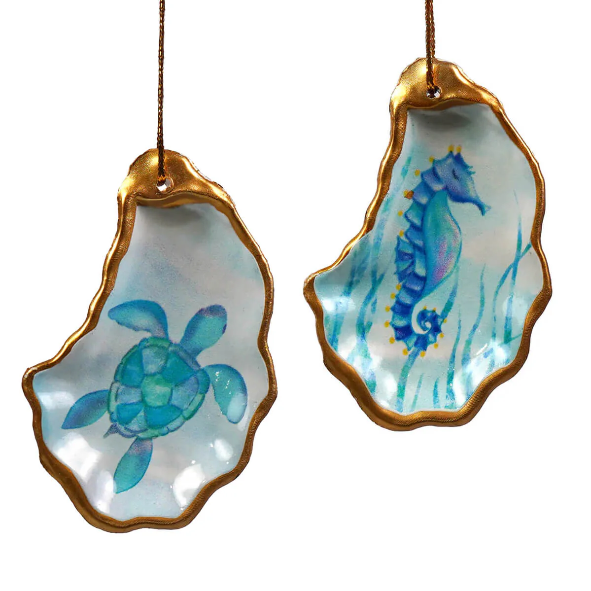 Beachcombers Seahorse & Sea Turtle Oyster Shell Ornaments Set/2