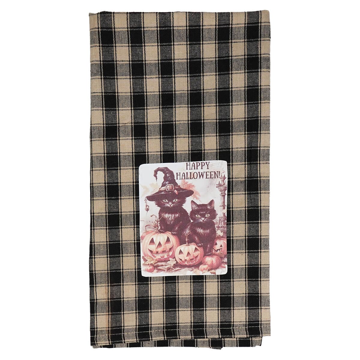 Black Cats & Jack-O'-Lanterns "Happy Halloween" Plaid Black & Cream Towel