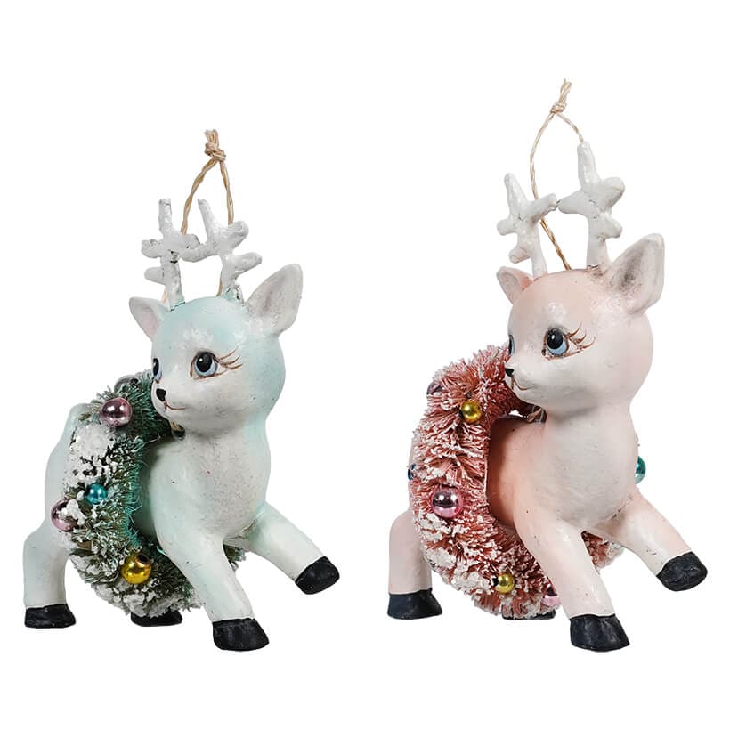 Blue & Pink Reindeer With Wreath Ornament Set/2 - Image 2