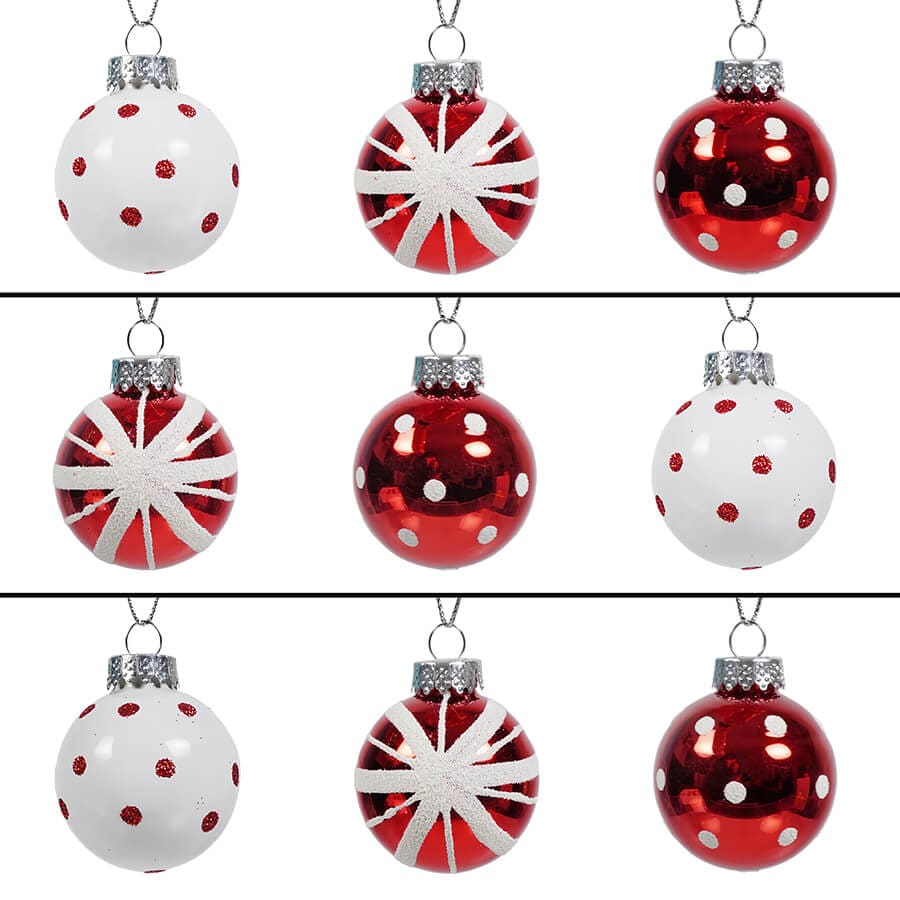 Red & White Glass Ball Ornaments Box Set/9