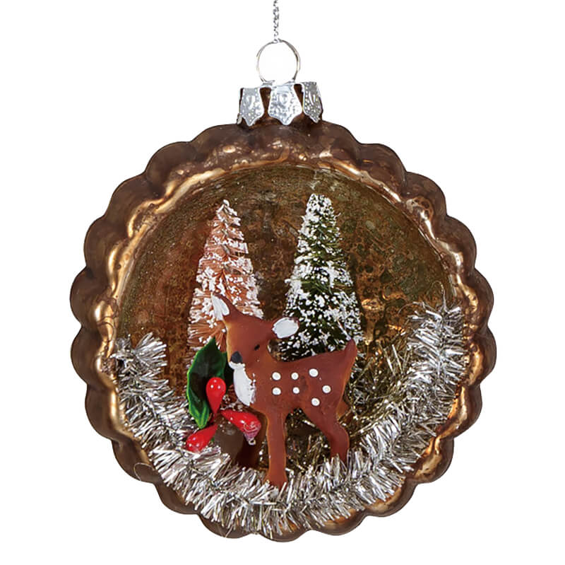 Brown Mercury Glass Deer & Bottle Brush Diorama Ornament