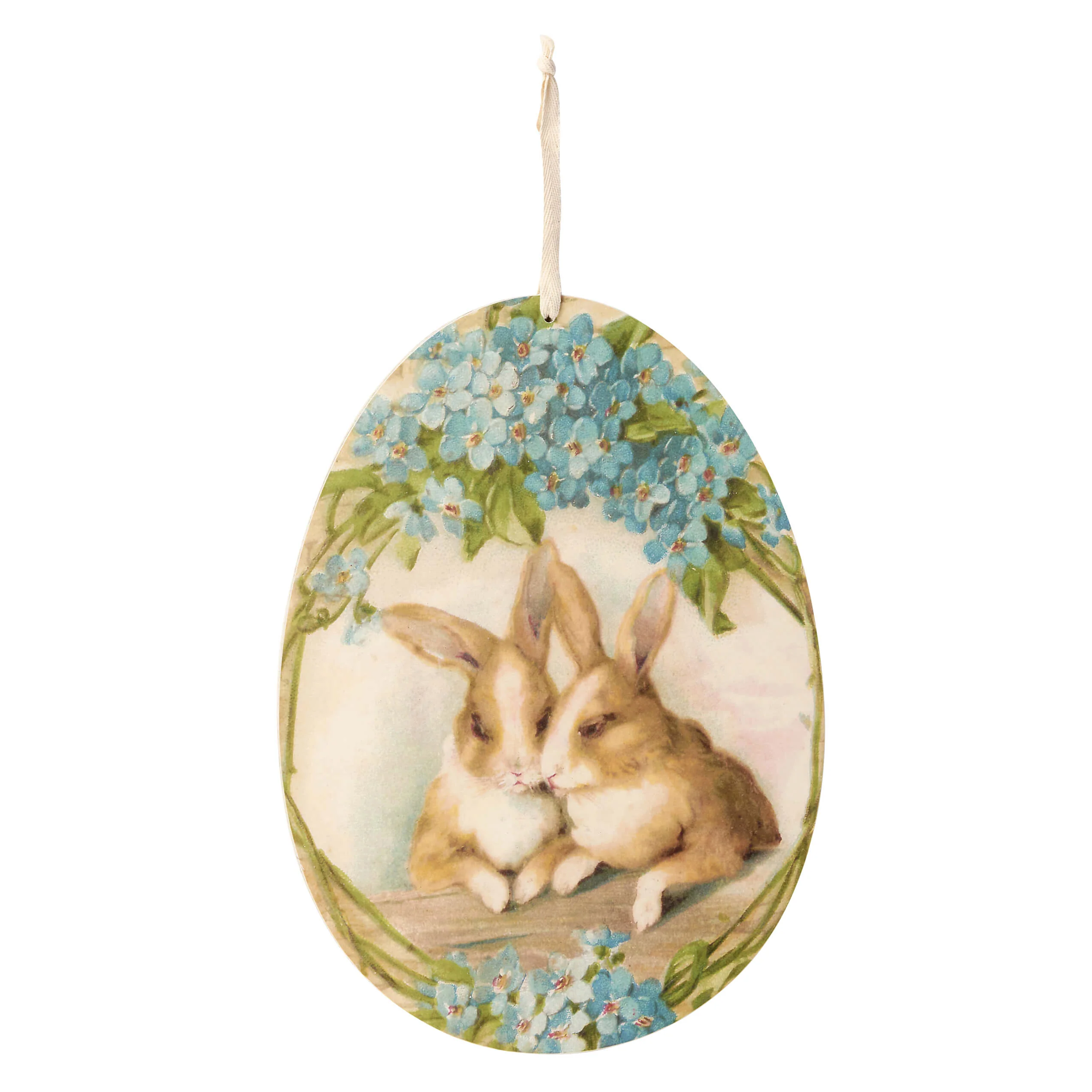 Bunnies Surrounded By Blue Spring Flowers Egg Shaped Hanging Wall Decor