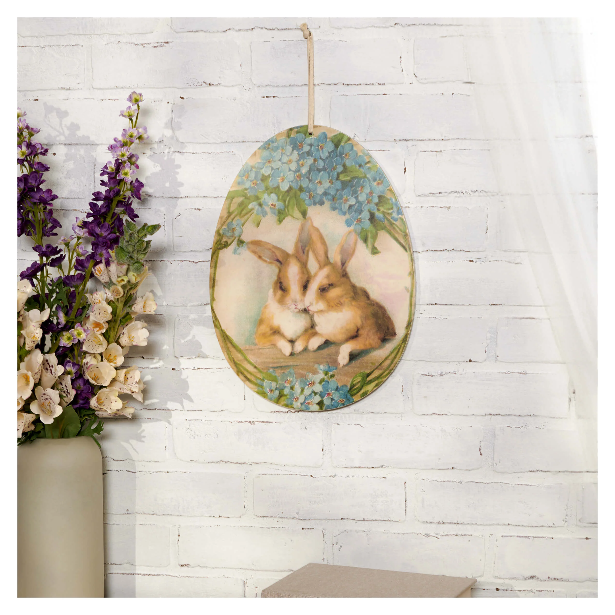 Bunnies Surrounded By Blue Spring Flowers Egg Shaped Hanging Wall Decor - Image 3