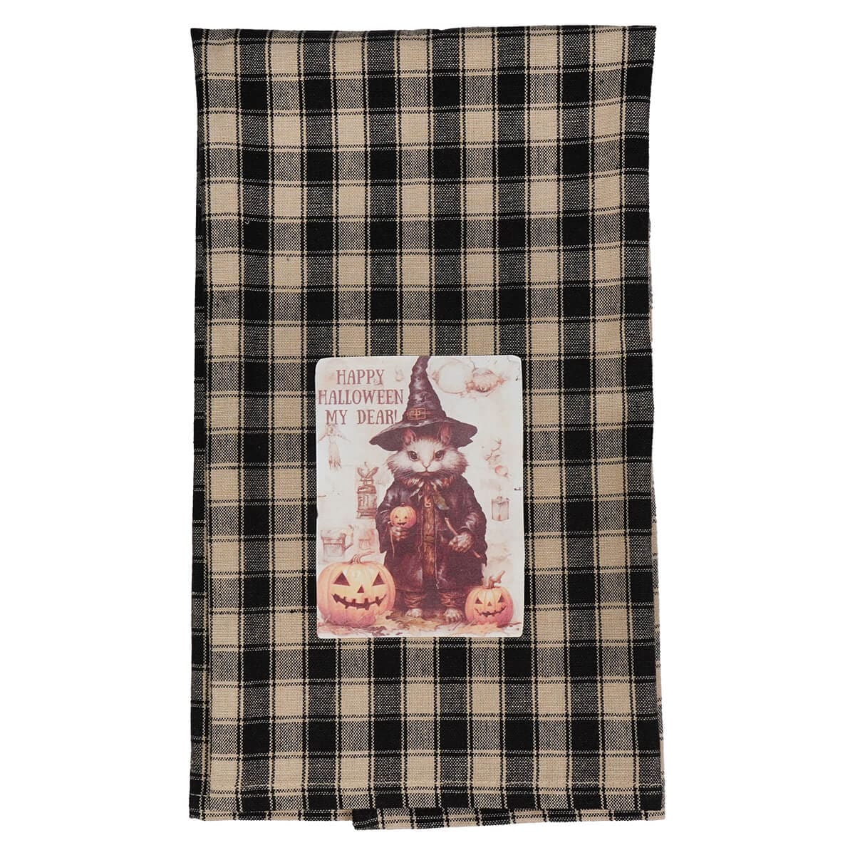 Cat Witch & Jack-O'-Lanterns "Happy Halloween My Dear!" Plaid Black & Cream Towel