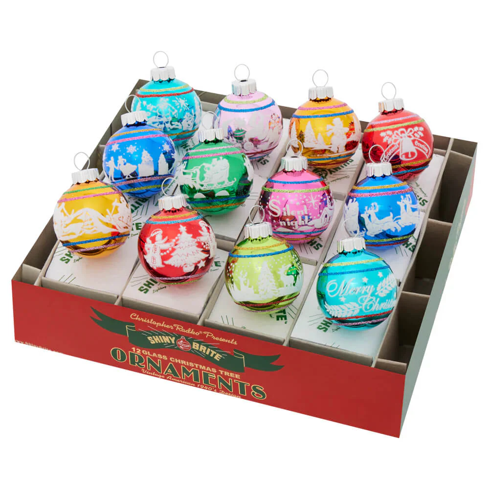 Christmas Confetti Signature Flocked Round Ornaments Set/12