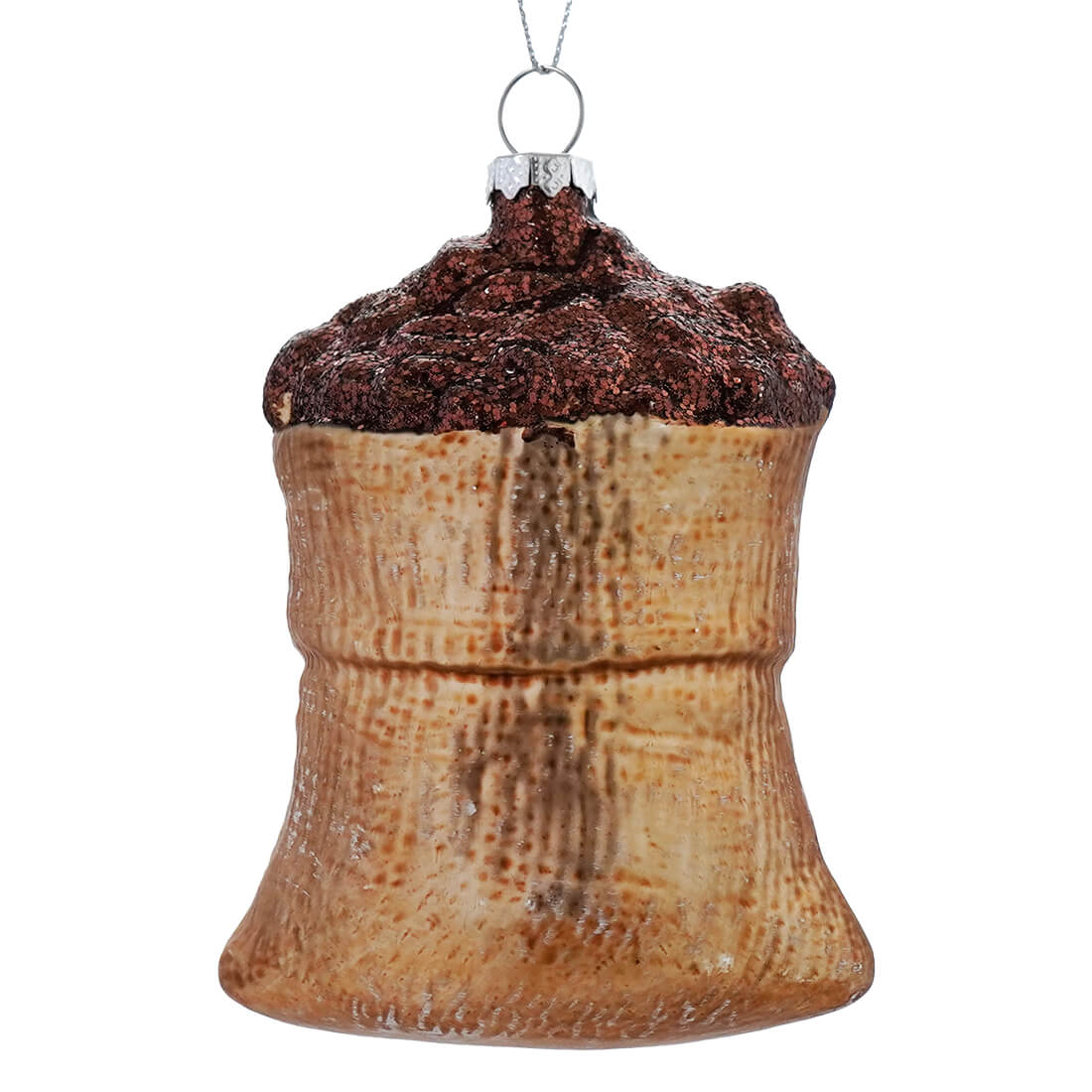 Coffee Bean Sack Glass Ornament With Gold & Brown Glitter Finish - Image 2