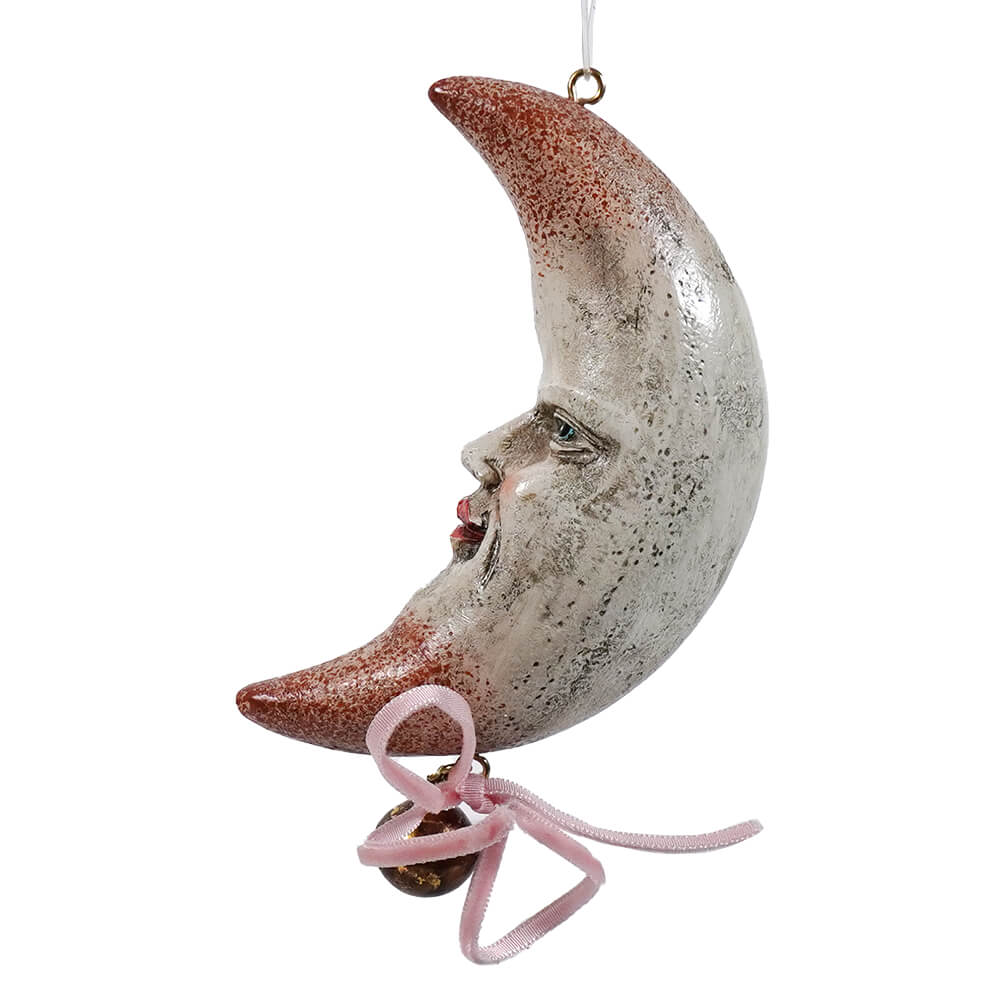 Distressed Finish Resin Half Moon Ornament With Bow & Bell - Image 2