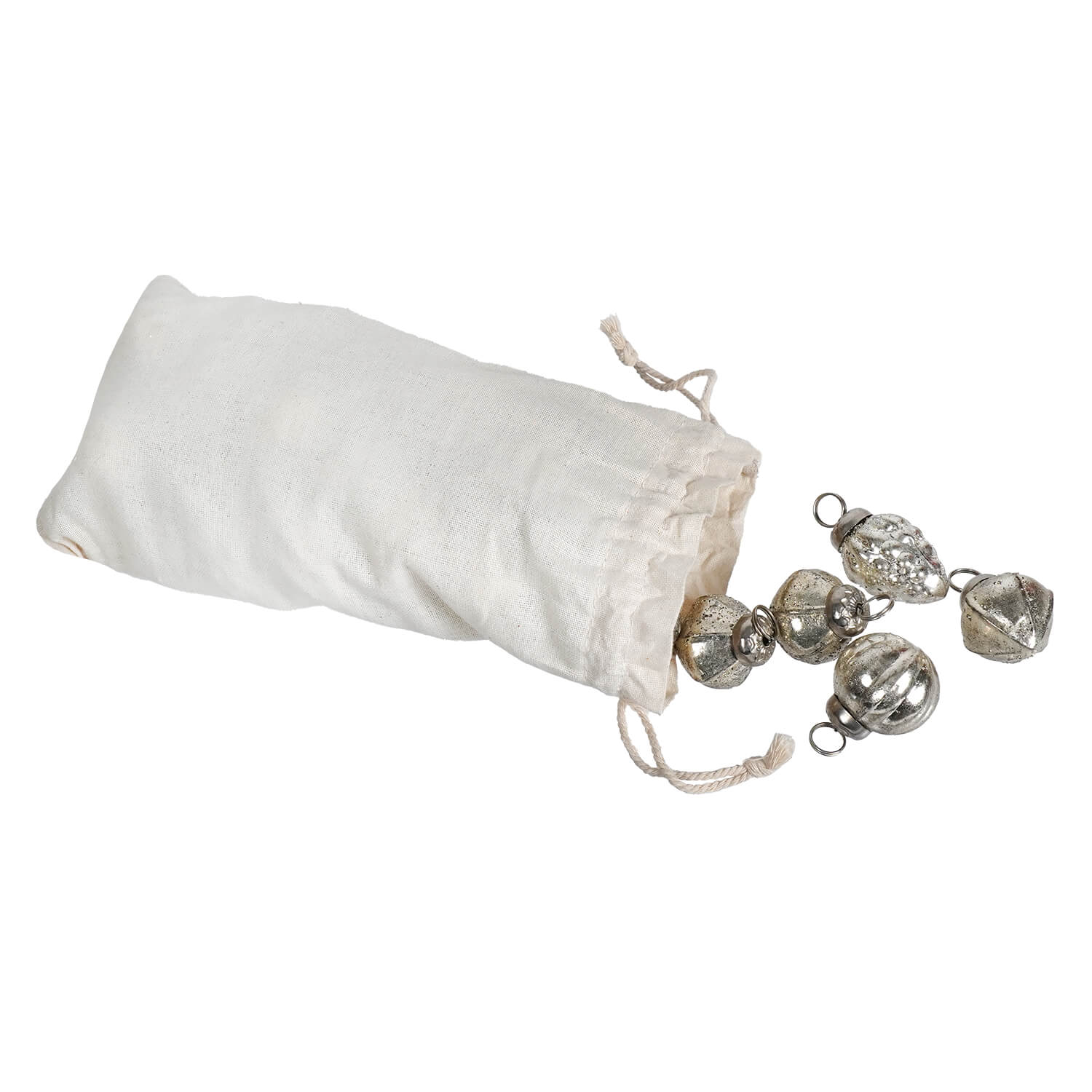 Embossed Antique Silver Finished Mercury Glass Ornaments In Muslin Bag Set/36 - Image 2