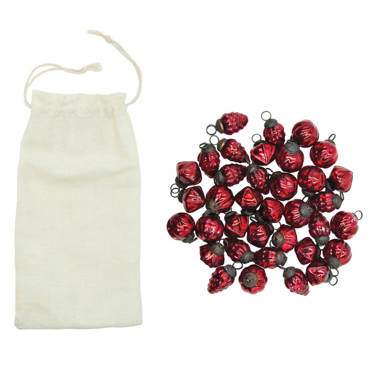 Embossed Red Mercury Glass Ornaments In Muslin Bag Set/36