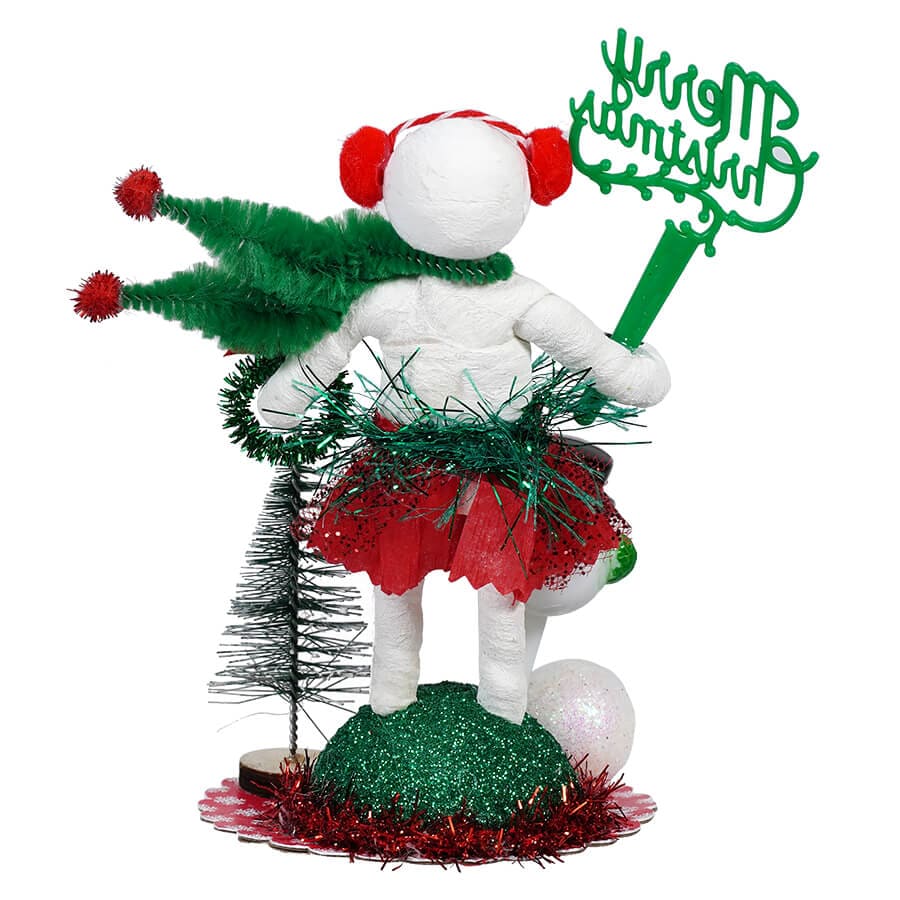Festive Red & Green Spun Cotton Snow Woman Vignette - Image 2