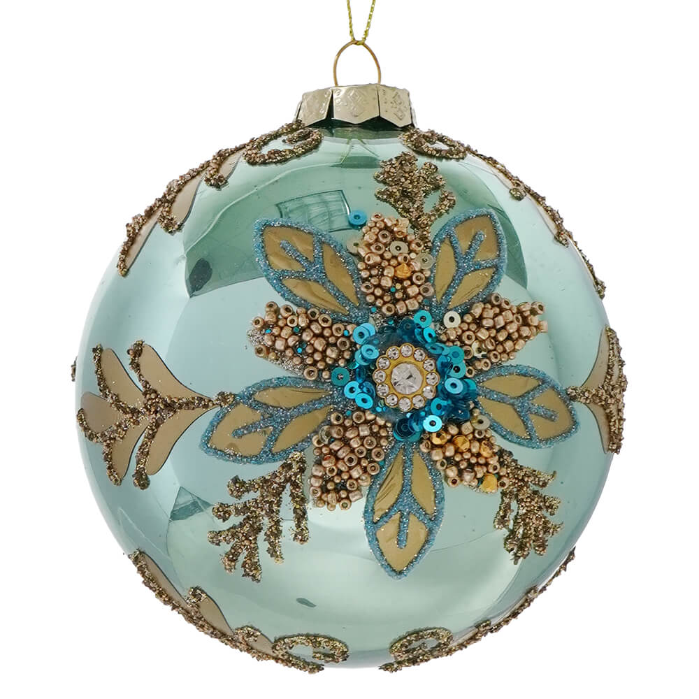 Glass Aqua & Gold Floral Design Ball Ornament