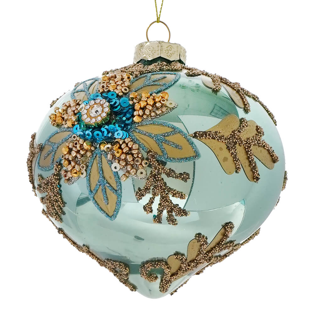 Glass Aqua & Gold Floral Design Onion Ornament