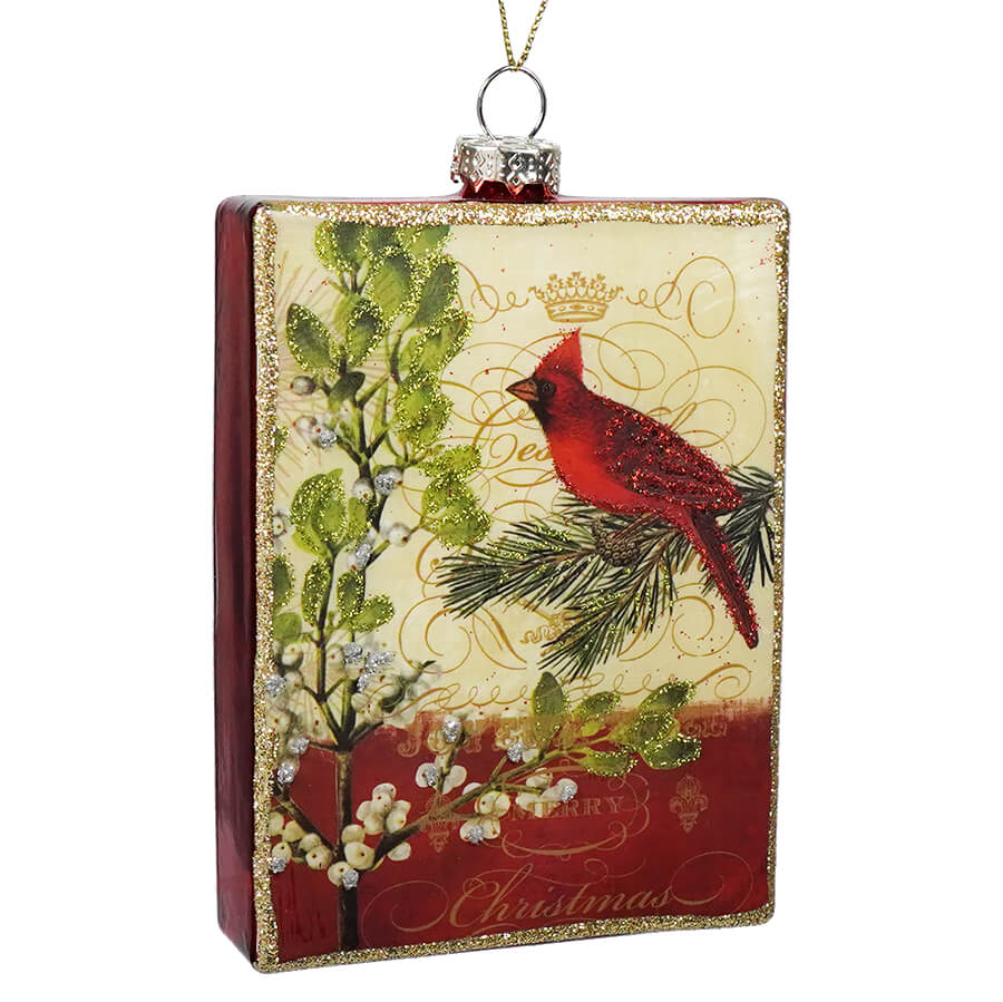 Glass Glittered Cardinal On Branch Rectangular Ornament