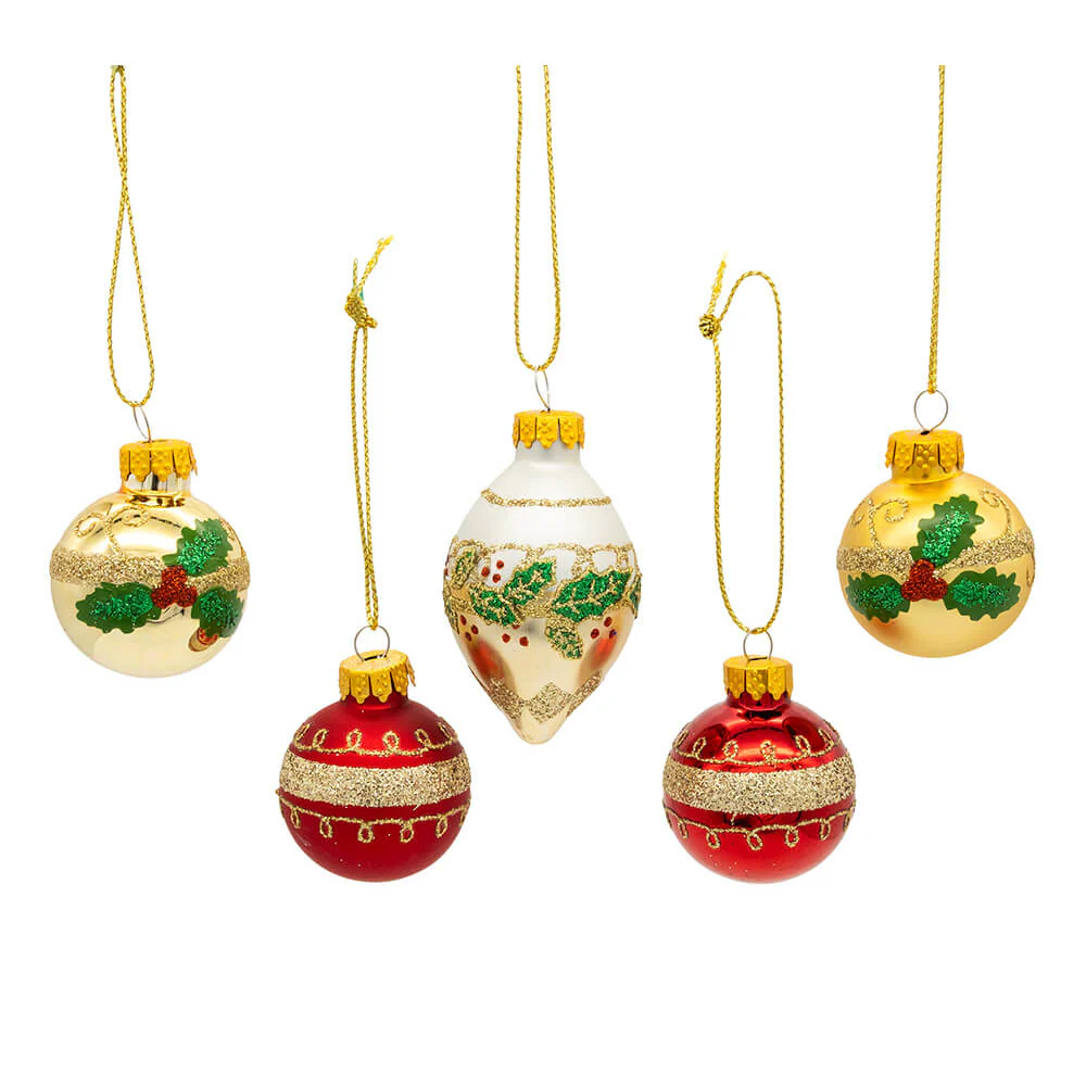 Glass Gold, Green & Red Ball & Finial Ornaments Box Set/12