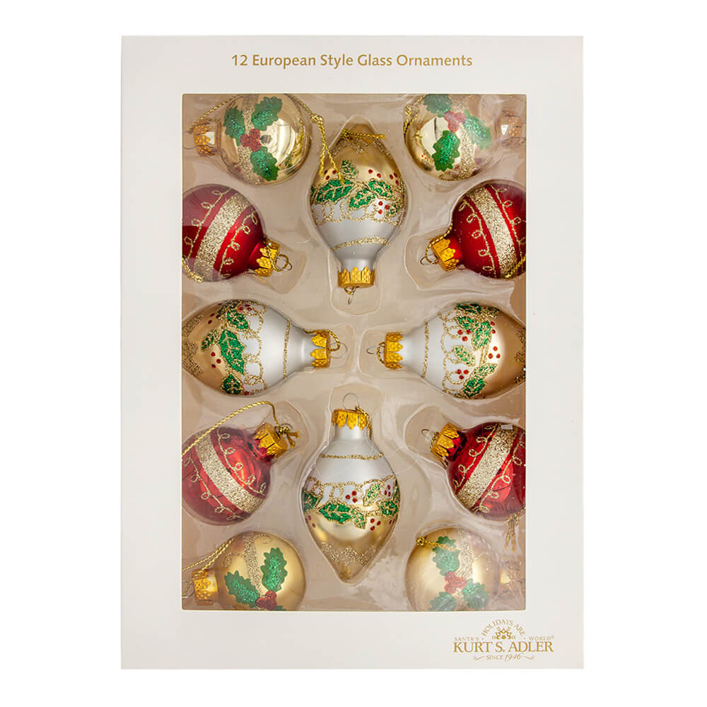 Glass Gold, Green & Red Ball & Finial Ornaments Box Set/12 - Image 2