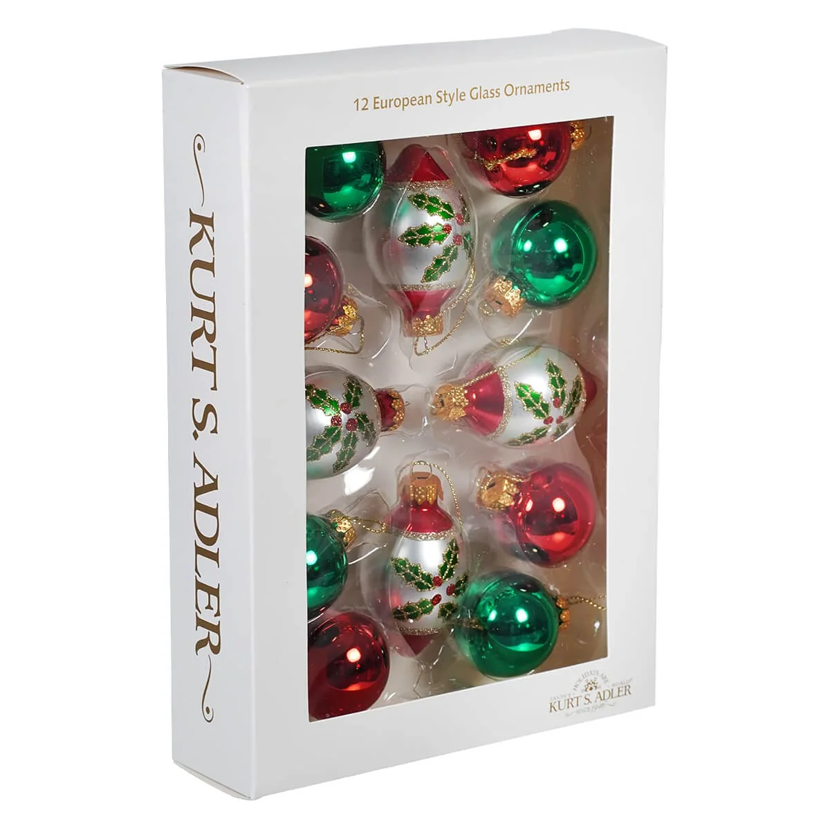 Glass Green & Red Ball & Finial Ornaments Box Set/12