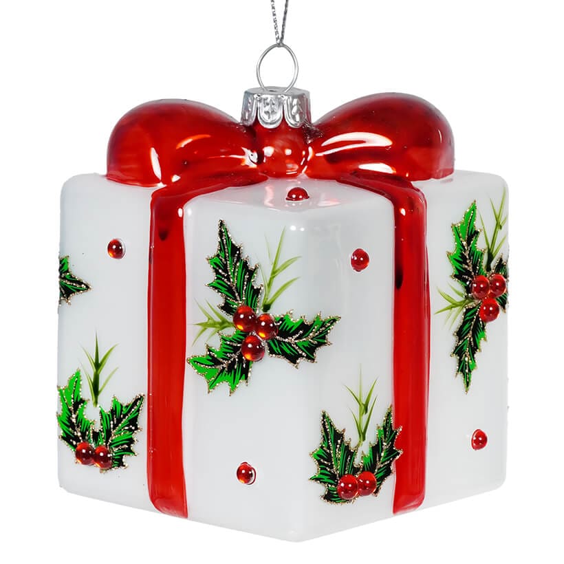 Glass Holly Leaves Decorated Present Ornament