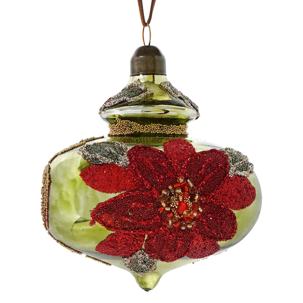 Glass Red & Olive Reflector Floral Design Finial Ornament - Image 2
