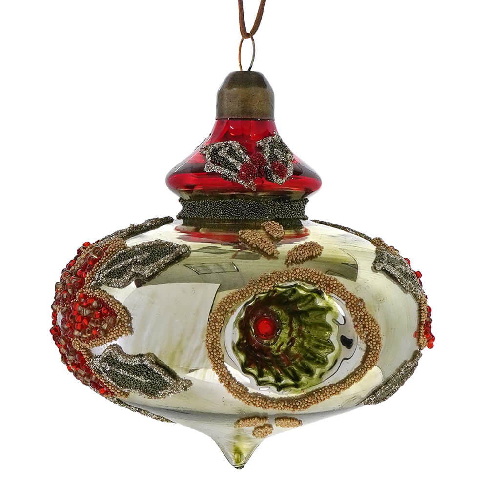 Glass Red & Olive Reflector Floral Design Finial Ornament - Image 2
