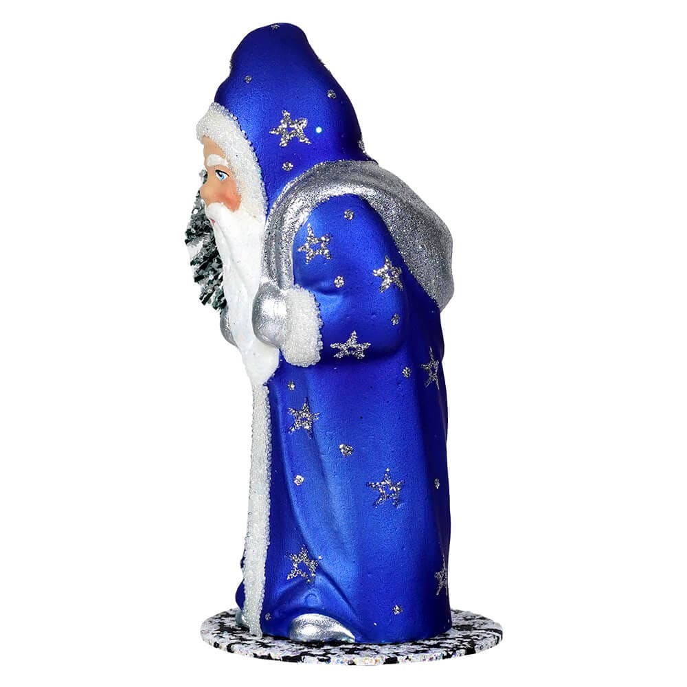 Glittered & Beaded Blue Coat Santa Claus With Stars Holding Tree - Image 2