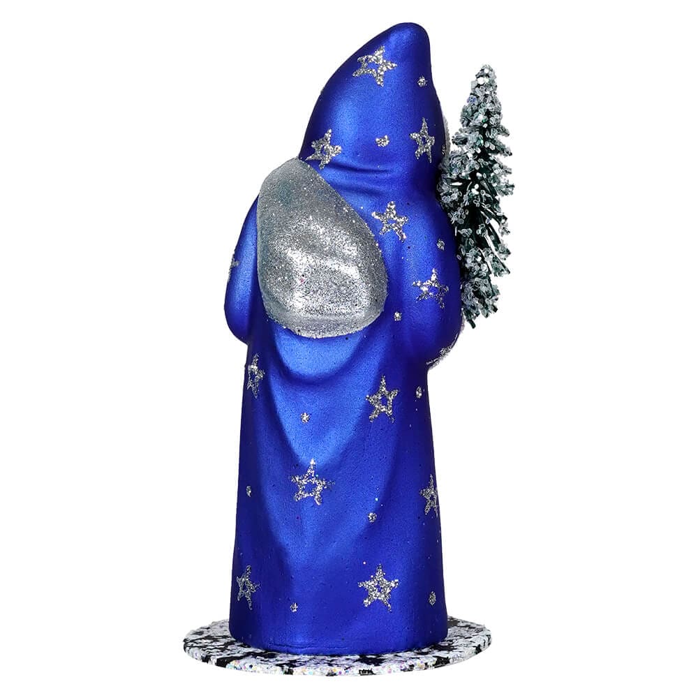 Glittered & Beaded Blue Coat Santa Claus With Stars Holding Tree - Image 3