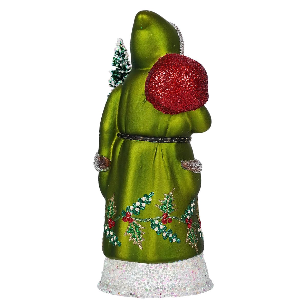 Glittered & Beaded Green Coat Santa Claus With Hollies Holding Tree - Image 3
