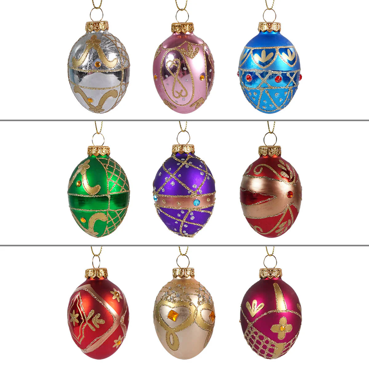 Gold Glitter & Gem Embellished Glass Egg Ornaments Box Set/9